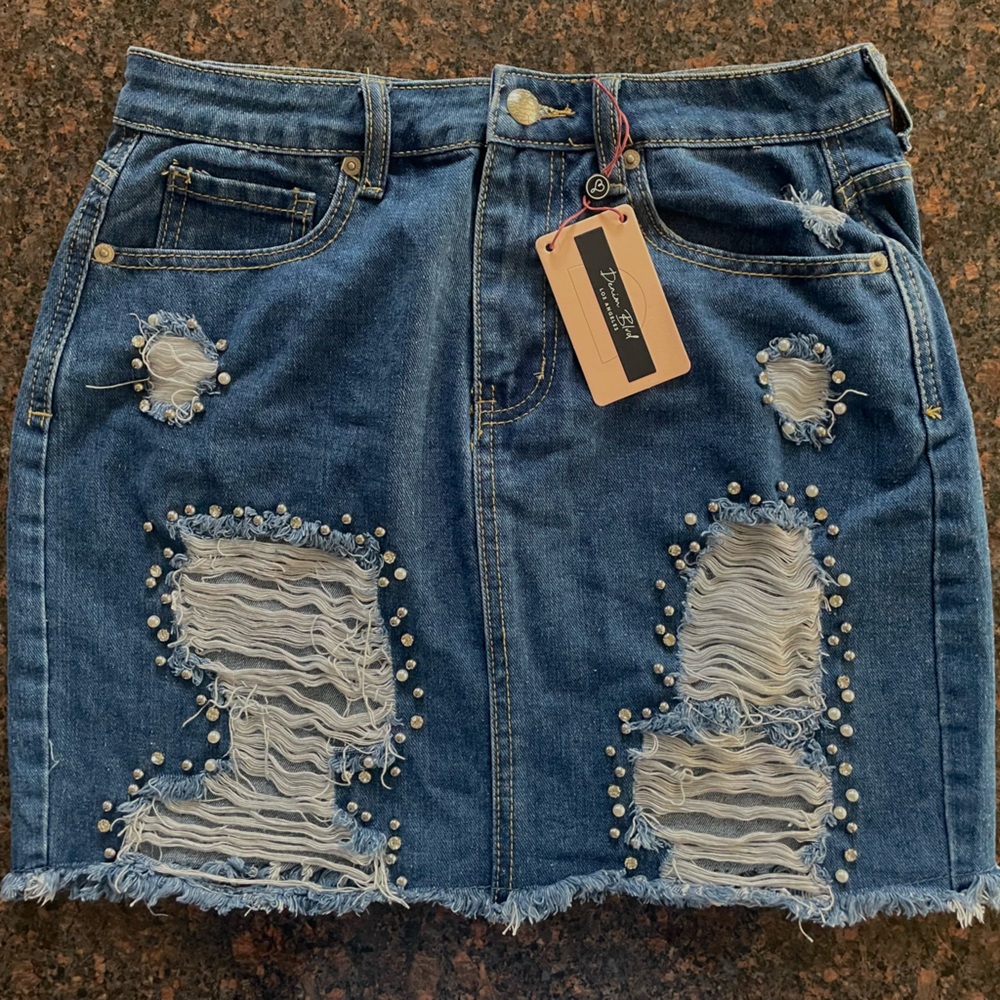 NWT Distressed Studded Bedazzled Denim Skirt ~ Juniors Size M